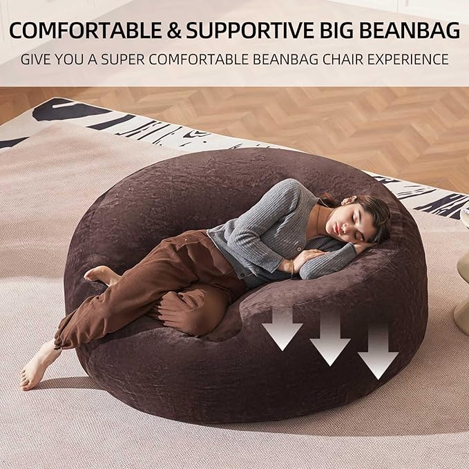 Bean Bag Chair 4Ft, Memory Foam Filled, Large Beanbag Chairs for Adults and Teens, Soft Sofa with Removable Flannel Cover, Round Couch for Living Room Bedroom College Dorm (Brown, 4FT-47×47"×24")-Ruum Studio Home