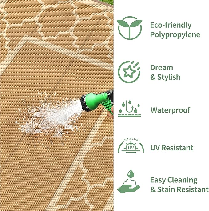 GENIMO 5' x 8' Outdoor Rug Waterproof for Patio Decor, Foldable Reversible Plastic Straw Area Rugs Mat for Camper, Outside Carpet for Rv, Deck, Porch, Picnic, Beach, Balcony, Brown & Beige-Ruum Studio Home