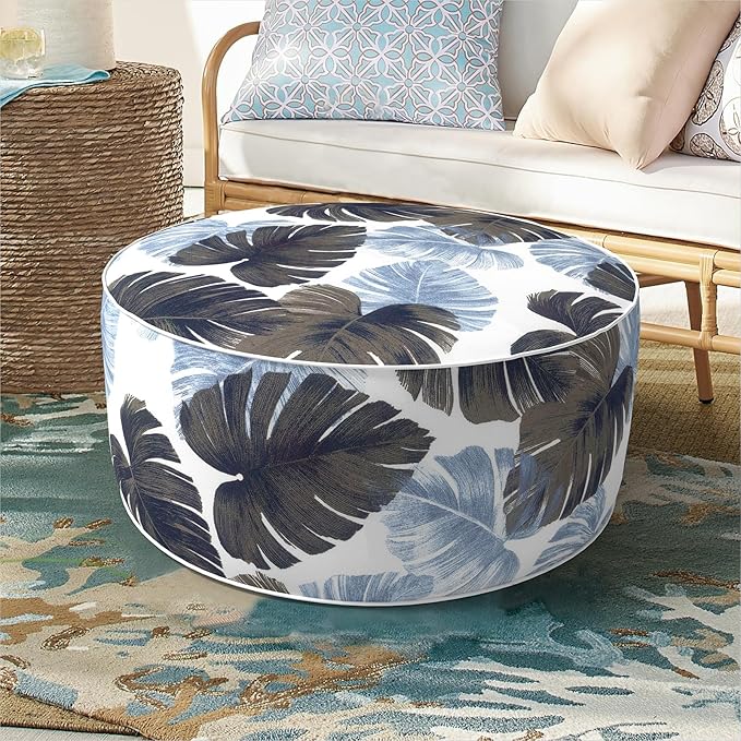 Inflatable Ottoman Stool D21 xH9 for Outdoor/Indoor Use, Water Repellent Patio Foot Rest Stool with Portable Handle,Round Pouf Ottoman Suitable for Garden,Deck and Camping - Monstera Blue-Ruum Studio Home