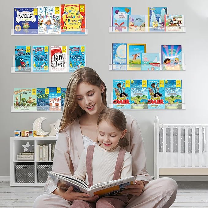 6 Pack Clear Acrylic Floating Shelves for Wall, 15'' Plastic Wall Mounted Display Shelf Kids Bookshelf and Spice Organizer for Bedroom, Living Room, Kitchen, Bathroom, Office-Ruum Studio Home