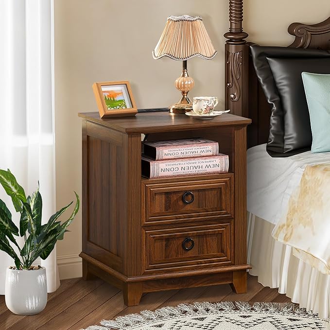 18" Farmhouse Night Stand with Charging Station, 2 Drawers End Table Dresser for Bedroom, Brown Wooden Nightstand, Bed Side Table with Open Shelf, Bedside Cabinet for Living Room, Closet-Ruum Studio Home