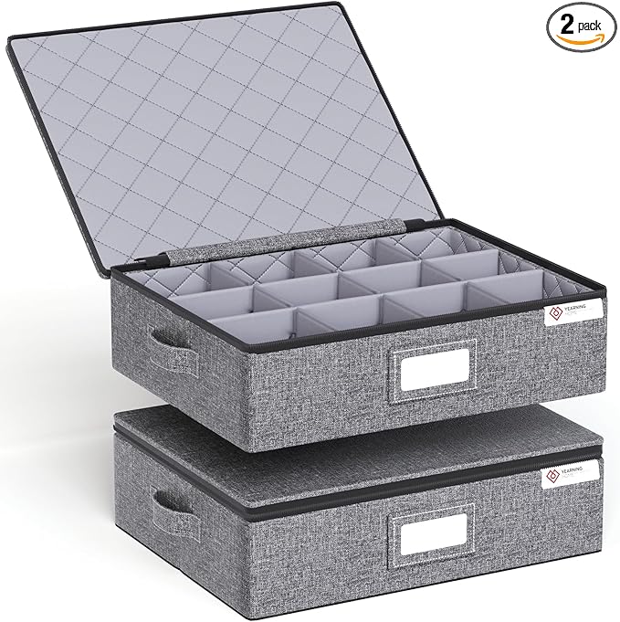 YearningHome Cup and Mug Storage Box with Hard Shell and Dividers for Coffee Mugs,Tea Cups and Glasses,Stackable Storage Organizers with Lid,Handles,Zips and Lable for Moving,Holds 12,2 Pack, Grey-Ruum Studio Home