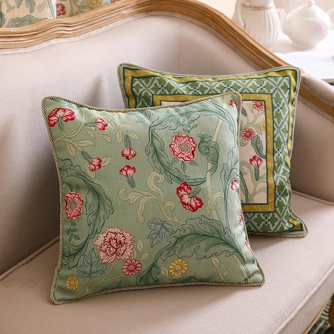 patdrea Designer Pack of 4 Throw Pillow Covers,French Vintage Rustic Linen with Green Floral Pattern Pillows Cover,Decorative Lumbar Square Pillowcases Cushion for Bed Living Room Outdoor Car-Ruum Studio Home