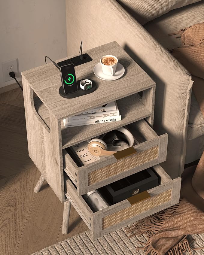 Rattan Nightstand with Charging Station,Modern Bedside Table with 2 Storage Drawer and Open Wood Shelf, for Bedroom and Small Spaces,Night Stand with Solid Wood Legs (Grey Oak)-Ruum Studio Home