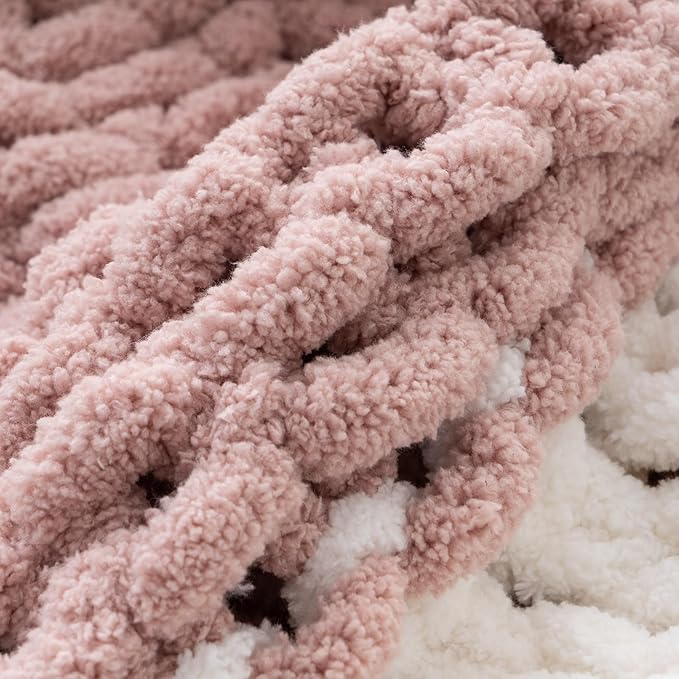 Battilo Chunky Knit Throw Blanket, Soft and Thick Chenille Throw Blanket, 50"x60" Handmade Cable Knit Crochet Blanket, Large Rope Knot Throw Blankets for Couch Sofa Bed Home Decor, Blush & White-Ruum Studio Home