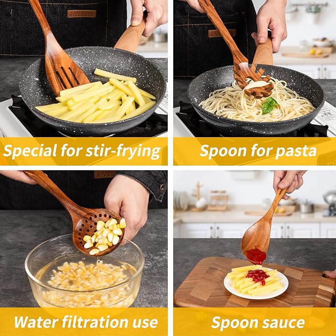 GUDAMAYE 11 PCE Wooden Spoons for Cooking, Wooden Kitchen Utensils Set,Wooden Cooking Utensils,Natural Teak Wooden Spoons For Non-stick Pan-Ruum Studio Home