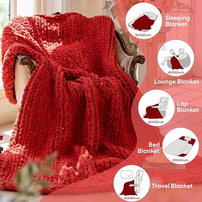 Chunky Knit Blanket - Luxury Soft Cozy Queen Size(50 * 60) Throw Blanket,100% Woven Blanket Rope Knot Throw Blanket for Couch, Sofa, Home Decor, Gift - Machine Washable（Wine red）-Ruum Studio Home