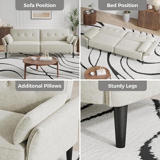 89” Futon Sofa Bed, Comfy Futon Couch Bed with 2 Square Pillows, Convertible Sleeper Sofa with Adjustable Backrest& Armrests, Modern Loveseat Sleeper for Living Room, Bedroom, White-Ruum Studio Home