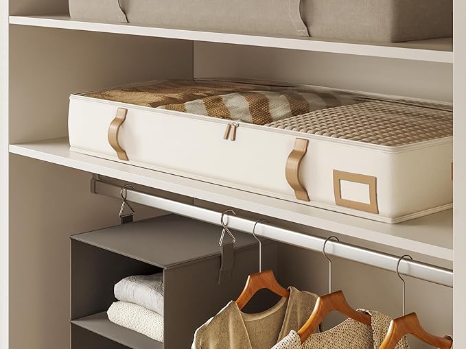 Vailando Under Bed Storage Containers, Foldable Storage Bins for Blankets, Comforter, and Seasonal Clothing, 6 Inches Tall, Beige with Brown Leather Handles, 2-Pack-Ruum Studio Home