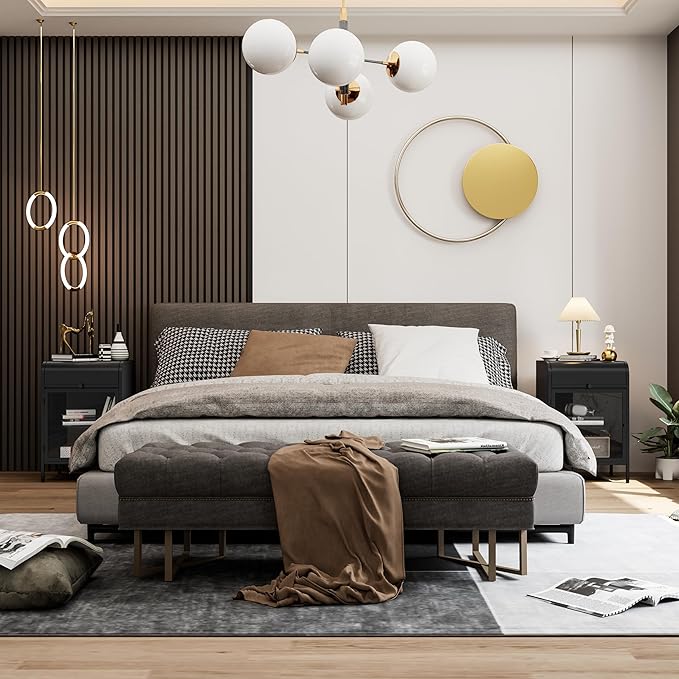 Modern Metal Side Tables Set of 2, End Tables with Glass Door, 2-Tier Nightstands with Storage Shelves, Accent Table, Slim Sofa Table for Living Room, Bedroom (Black)-Ruum Studio Home