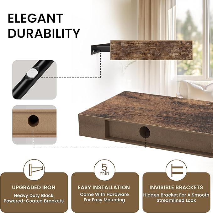 Floating Shelves for Wall, 48"W x 9.3"D x 1.5"H, Wooden Wall Mounted Display Shelf with Invisible Brackets for Living Room, Bedroom, Bathroom, Kitchen Decor and Storage, Set of 1, Rustic Brown-Ruum Studio Home