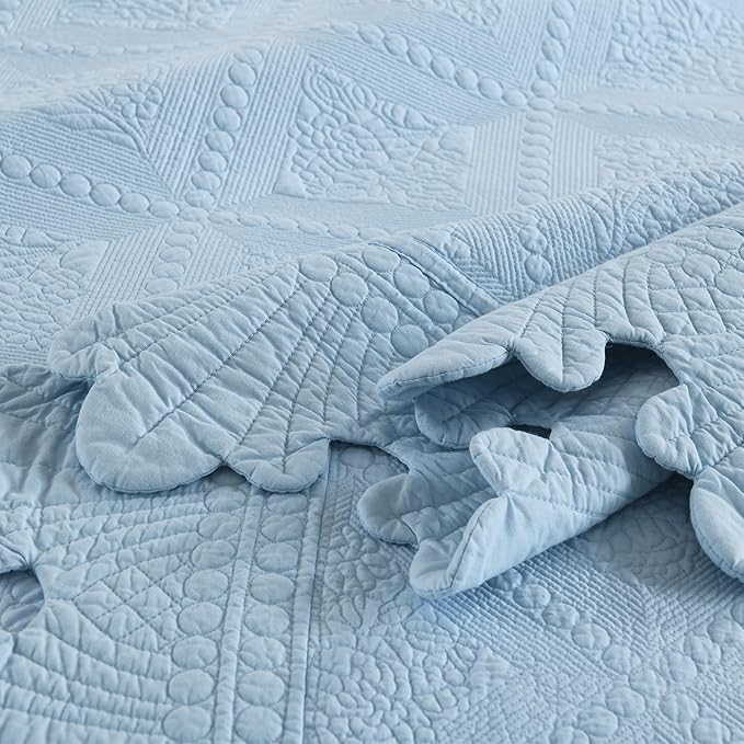 MarCielo 3-Piece 100% Cotton Oversized Bedspread Lightweight Quilt Coverlet Embroidery Farmhouse Bedding Set (TK Light Blue, Oversized King (118"x106"))-Ruum Studio Home