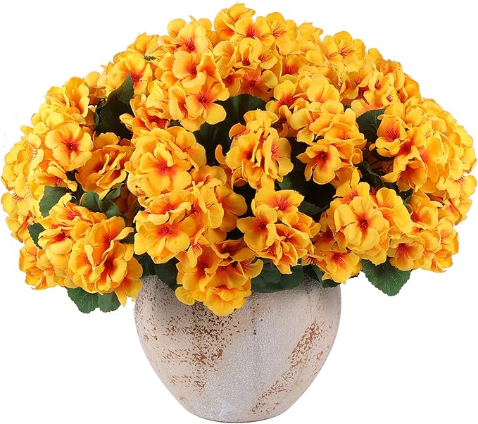 Hananona 12 Pcs Artificial Geranium Flowers for Outdoors Geranium Silk Yellow Flowers Outdoor UV Resistant Garden Plants Faux Fall Flower for Home Kitchen Table Centerpieces Decor (12, Yellow)-Ruum Studio Home
