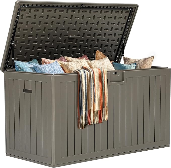 YITAHOME 200 Gallon Extra Large Deck Box, Double-Wall Resin Outdoor Storage Box with Flexible Divider for Patio Cushions Pool Supplies Garden Tools, 990 lbs Load Capacity, Lockable (Light Brown)-Ruum Studio Home