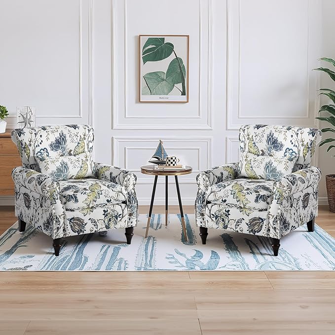 Wingback Accent Chair with Removable Pillow, High Back Floral Armchair with Solid Wood Legs & Nailhead Trim, Comfy Upholstered Reading Single Sofa Chair for Bedroom (2, Blue Floral Pattern)-Ruum Studio Home