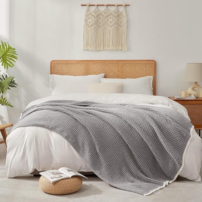Snuggle Sac Grey Waffle Throw Blanket for Couch Bed Sofa 60x80 inches, Reversible Grey Blanket Microfiber Fluffy Fuzzy Cozy Knit Twin Blanket for Women Mothers Birthday Gifts-Ruum Studio Home