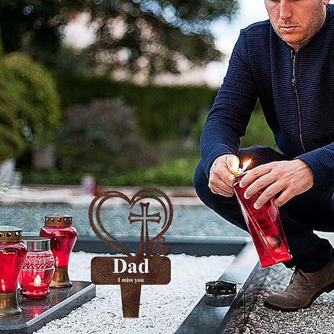 Dad Memorial Grave Stake, Cemetery Decorations for Grave Markers 12.5 x 7.2 inch Heart Metal Sympathy Stakes Graveside Plaque Decor Sign for Father Graves, Yard, Garden - Rust-Dad-Ruum Studio Home