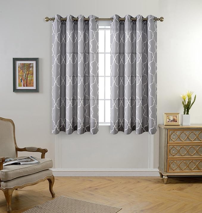 MIUCO Moroccan Embroidery Semi Sheer Curtains Faux Linen Grommet Curtains for Bedroom 52 x 63 Inch 2 Panels, Grey-Ruum Studio Home