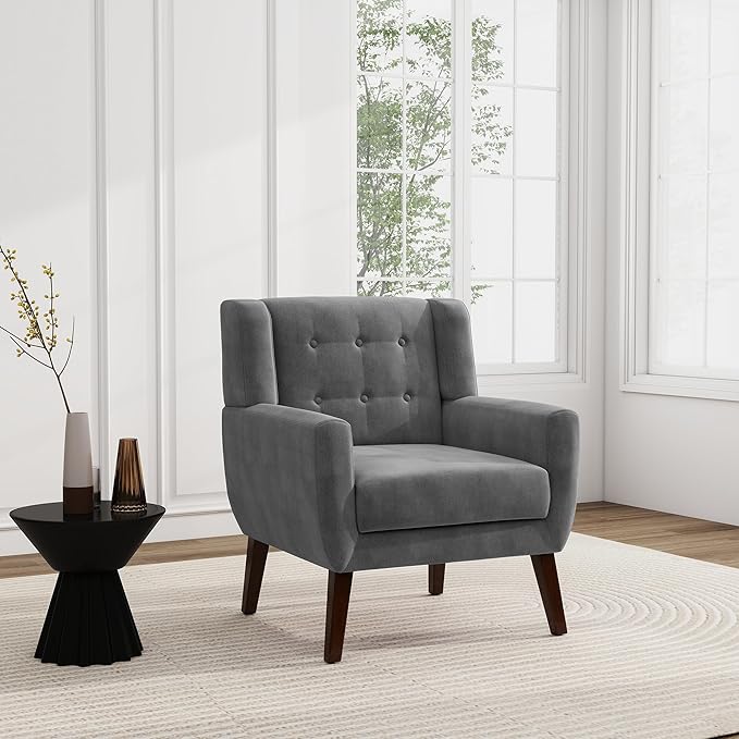 UIXE Accent Chair, Velvet Upholstered Armchair for Living Room, Modern Club Arm Chairs Comfy Single Sofa Button Tufted Bedroom Reading Seat - Gray, Set of 1-Ruum Studio Home