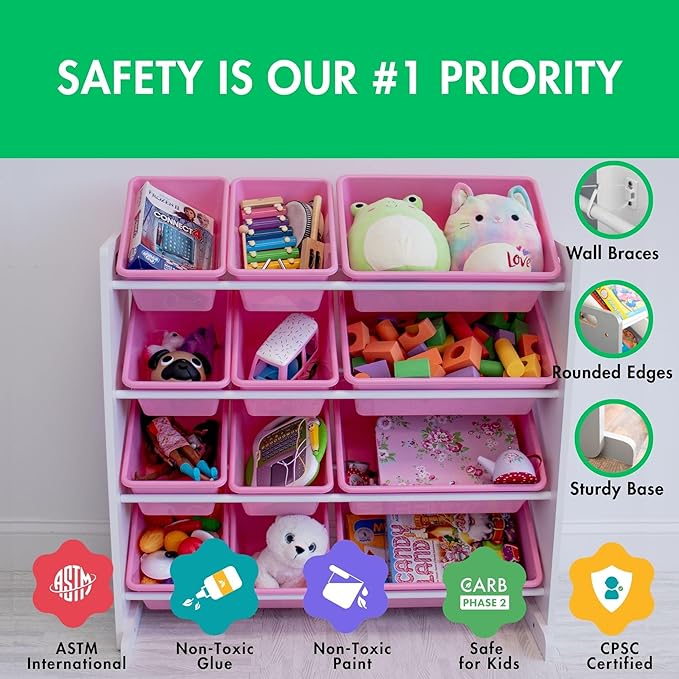 Humble Crew Kids Toy Storage Organizer with 12 Plastic Bins, White/Pink – Removable Bins for Playroom, Bedroom, Toddler Furniture for Boys and Girls Ages-Ruum Studio Home