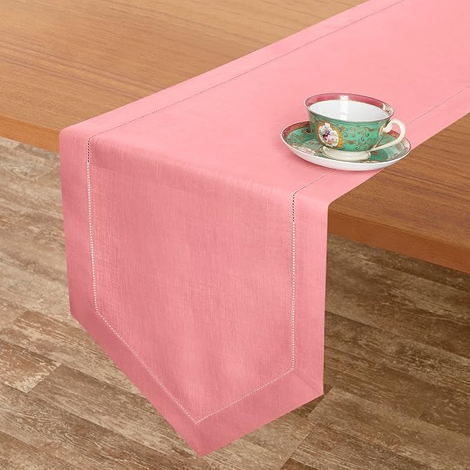 D'Moksha Homes Dusty Pink Linen Table Runner 120 Inches Long - 100% Pure Linen Diamond Table Runner 14 x 120 Inch for Dining, Fall and Halloween - Machine Washable-Ruum Studio Home