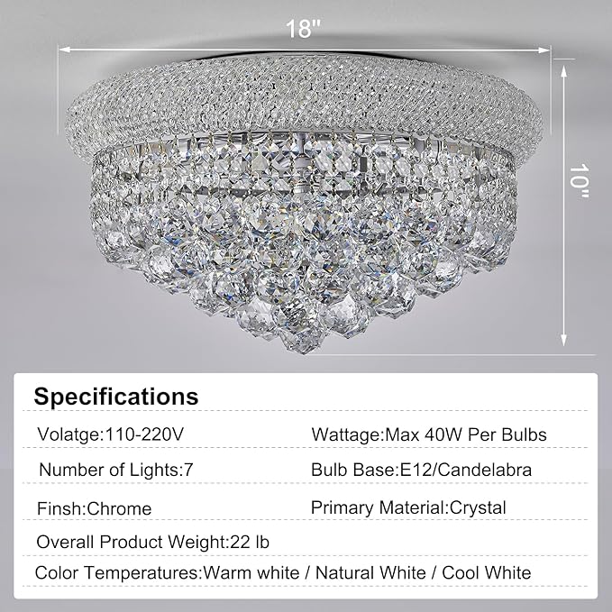 7-Light Crystal Flush Mount Chandelier Ceiling Light Fixture for Living Room Dining Room Bedroom Foyer Entryway Hallway Closet Bathroom (Chrome D18)-Ruum Studio Home