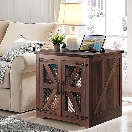 Farmhouse End Table, 24" Large Sofa Side Table with Charging Station, Mesh Barn Door, Rustic Wood Nightstand with Adjustable Storage Shelf, Square Nightstand for Living Room-Ruum Studio Home