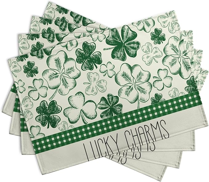 Green Shamrock St Patricks Day Placemats Set of 4 Lucky Clover Plaid Check Table Mat 12x18 Inch St. Patrick's Day Seasonal Holiday Place Mats Spring Linen Placemat for Party Kitchen Dining Decor-Ruum Studio Home