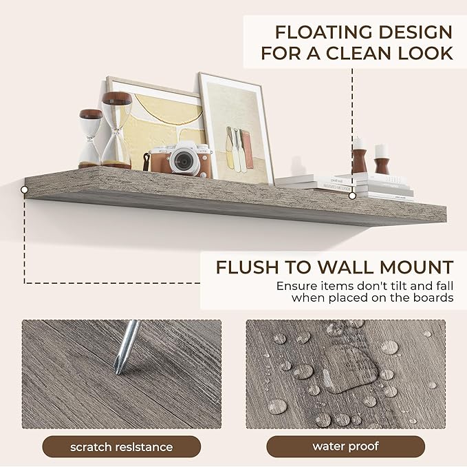 RICHFOCUS 55Inch Floating Shelves for Wall 1 Pack Shelves for Bedroom|Kitchen|Bathroom Wall Mounted Rustic Wood Floating Shelf with Invisible Brackets for Books|Storage|Decor, Grey-Ruum Studio Home