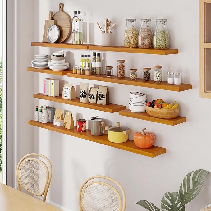 Fun Memories 55 Inches Floating Shelves - 8 Inch Deep Rustic Solid Pine Wood Wall Shelves for Storage - Farmhouse Wall Mounted for Living Room - Heavy-Duty Metal Bracket - 55" W x 8" D - Honey-Ruum Studio Home