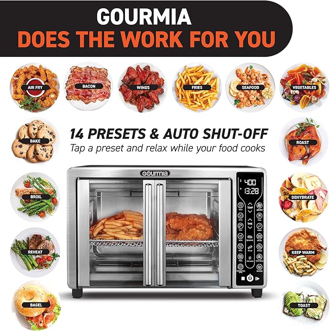Gourmia Toaster Oven Air Fryer Combo 17 cooking presets 1700W french door digital air fryer oven 24L capacity accessories, convection rack, baking pan tray recipe book GTF7655,Large,Stainless Steel-Ruum Studio Home
