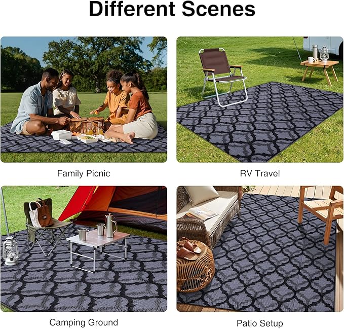 OLANLY Reversible Outdoor Rug 5x8 ft Clearance, Waterproof Outdoor Plastic Straw Rug with Interlacing Pattern, RV Mat for Patio, Camping, Balcony, Deck, Backyard, Black & Grey-Ruum Studio Home