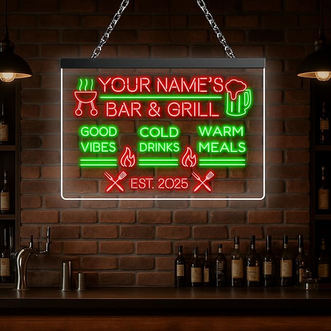 BBQ Neon Sign Custom Bar and Grill Sign Patio LED Lights Personalized Backyard Bar Signs for Men Outdoor Lighted Patio Acrylic Table Grilling Kitchen Home Garden Wall Decor-Ruum Studio Home