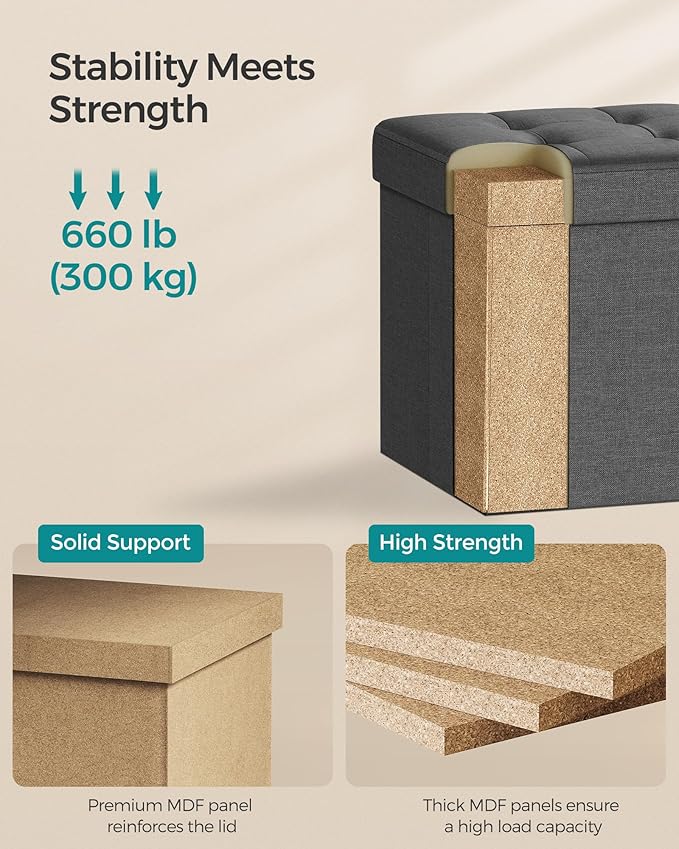 SONGMICS Folding Storage Ottoman Bench，38 x 38 x 38 cm， Ottoman Foot Rest, End of Bed Bench, Storage Chest, Load 300 kg, for Living Room, Bedroom, Entryway, Dorm, Dark Gray ULSF27Z-Ruum Studio Home