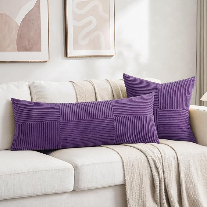 Fancy Homi 2 Packs Purple Big Decorative Throw Pillow Covers 24x24 Inch for Living Room Couch Bed, Farmhouse Boho Home Decor, Soft Corss Corduroy Patchwork Accent Square Cushion Case 60x60 cm-Ruum Studio Home