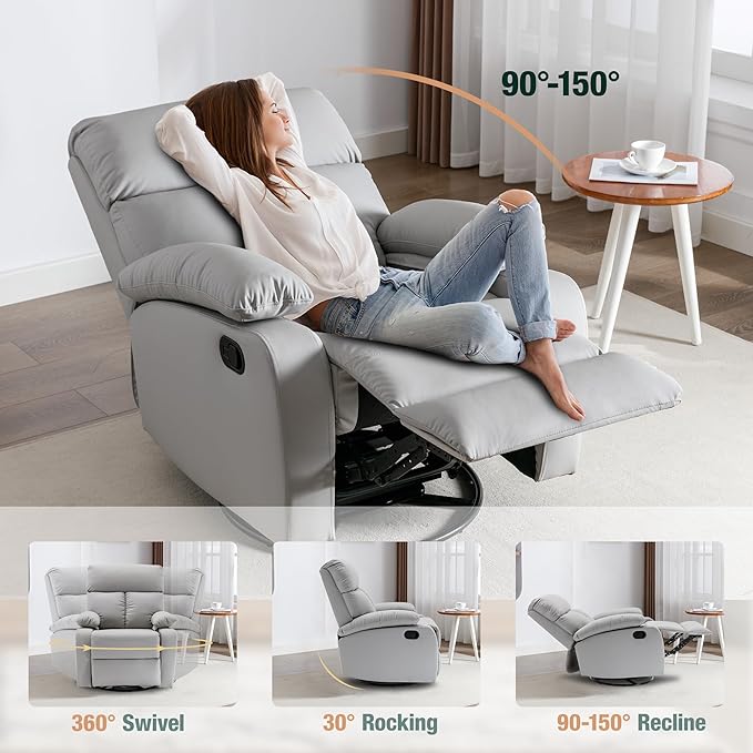 Swivel Rocker Recliner, Rocking Recliner Chair, Small Rocker Recliners for Small Spaces, Living Room, Bedroom, Nursery, RV, Light Grey-Ruum Studio Home