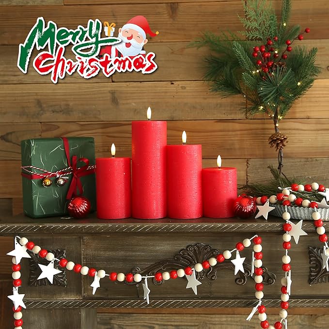 LUSHABOR Flameless Candles, 4 Pack Battery Operated Candles with Remote, Real Wax LED Fake Candles with Timer Flickering for Christmas Wedding Home Party D3 H 5" 6" 7" 9" Red-Ruum Studio Home