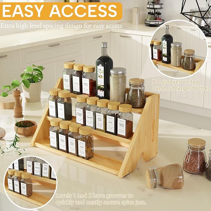 Bamboo Spice Rack Organizer -3-Tier Spice Rack for Countertop,Cabinet Spice Rack Organizer for 27 Spice Jars(4oz)，Step Shelf (yellow)-Ruum Studio Home