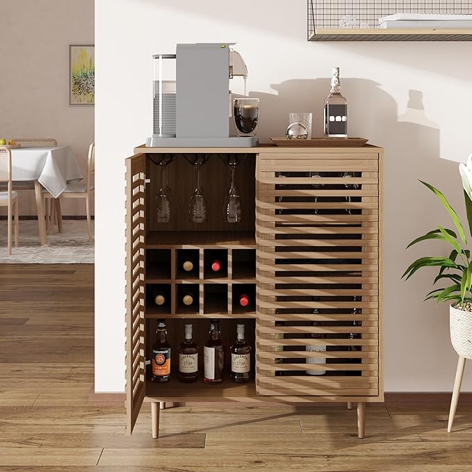 Mid Century Bar Cabinet with Wine Racks, Modern Liquor Cabinet with Slatted Doors for Dining Room, Living Room (Natural Color)-Ruum Studio Home