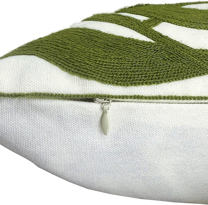 Alysheer Farmhouse Floral Leaves Embroidered Decorative Throw Pillow Cover 18x18 inches, Boho Tufted Flowers Embroidery Pattern Chic Cotton Cushion Case for Couch Bed Sofa Living Room(Olive Green)-Ruum Studio Home