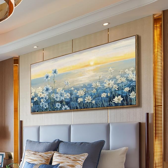 Large Wall Art for Living Room Modern Framed Coastal Beachy Canvas Wall Art Big Floral Sunrise Blue Wall Picture Oversized Lake Nature Sunset Artwork for Office Bedroom Decor-Ruum Studio Home