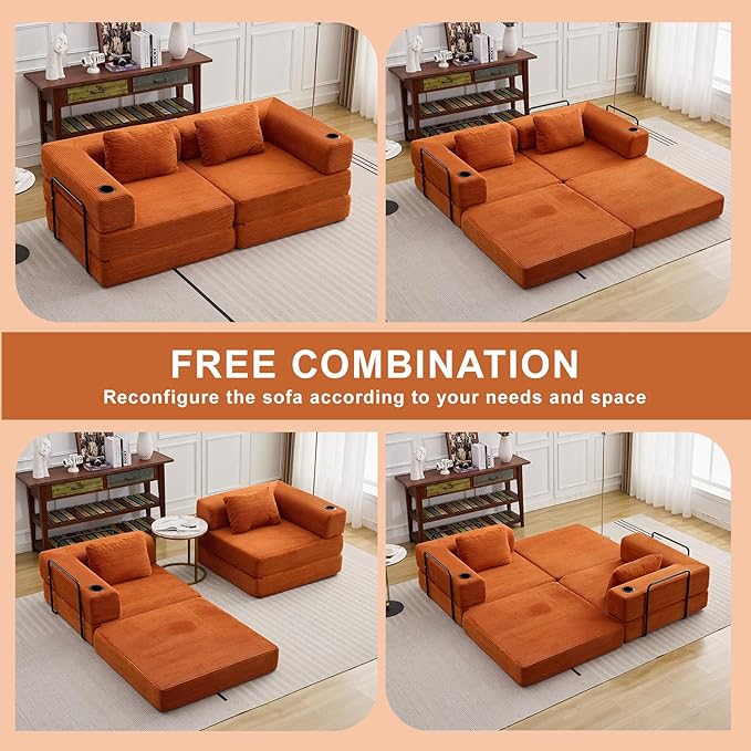 78" W Loveseat Sofa, 4 in 1 Convertible Floor Sofa Bed, Boneless Cloud Couch with Cup Holder, Fold Out Floor Couch, Loveseat Recliner Sleeper for Living Room Bedroom Lounge(Corduroy, White)-Ruum Studio Home