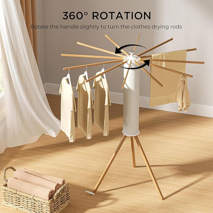 Tripod Clothes Drying Rack, Garment Rack Portable and Foldable Space Saving Laundry Drying Rack - Dryer Rack Clothing Floor Folding Balcony Bedroom Household (Beige(Wood), 12 rods)-Ruum Studio Home