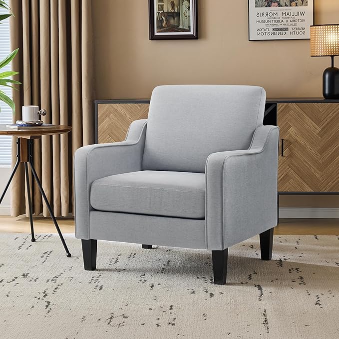 VINGLI Mid Century Modern Accent Chair, Light Grey Fabric Accent Chairs for Living Room Upholstered Armchair with Scooped Arms for Bedroom, Apartment, Studio, Office, Waiting Room-Ruum Studio Home