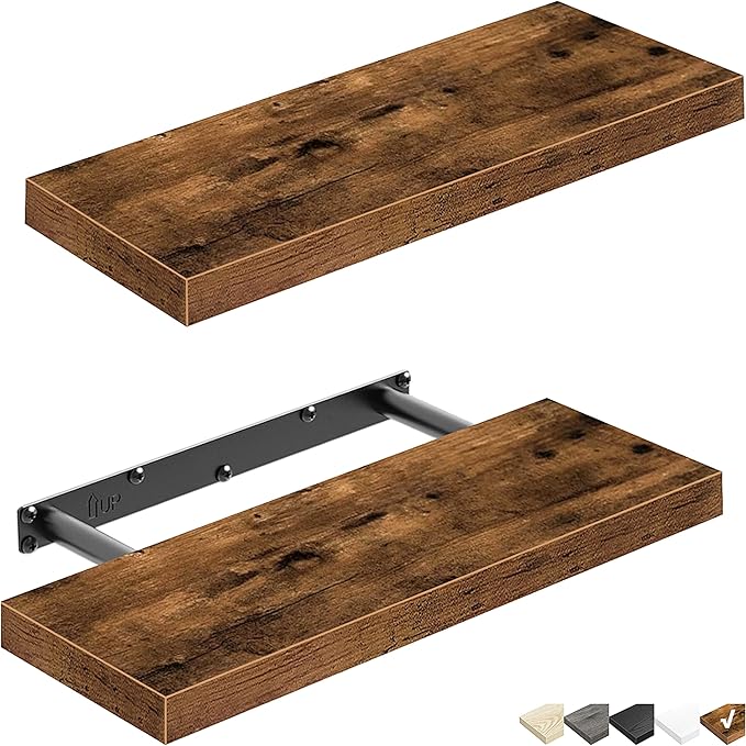 QEEIG Floating Shelves for Wall Bathroom Shelf Bedroom Kitchen Living Room Farmhouse Small Book Shelf 16 inch Set of 2, Brown (015-BN2)-Ruum Studio Home