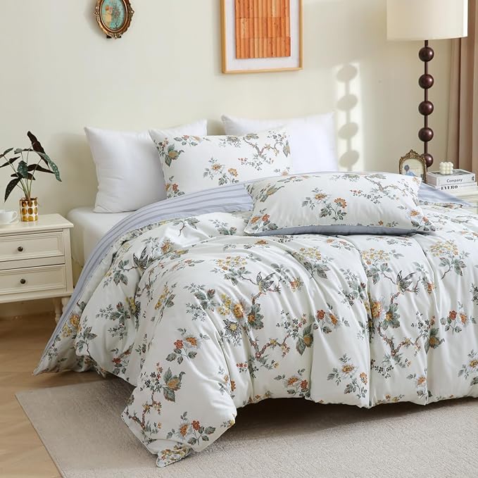 ABREEZE Floral Duvet Cover King Size Set Bird Flowers Bedding Set 100% Brushed Cotton Bedding Collection 1 Duvet Cover with 2 Pillowcases White-Ruum Studio Home