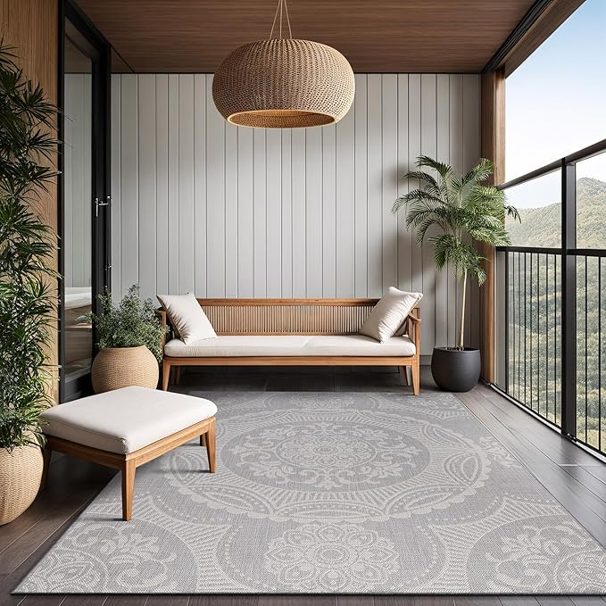 Medallion Outdoor Rug 8x10 Washable Outside Carpet for Indoor Patio Porch Waterproof Easy Cleaning Non Shedding Area Rugs Gray 8 x 10-Ruum Studio Home