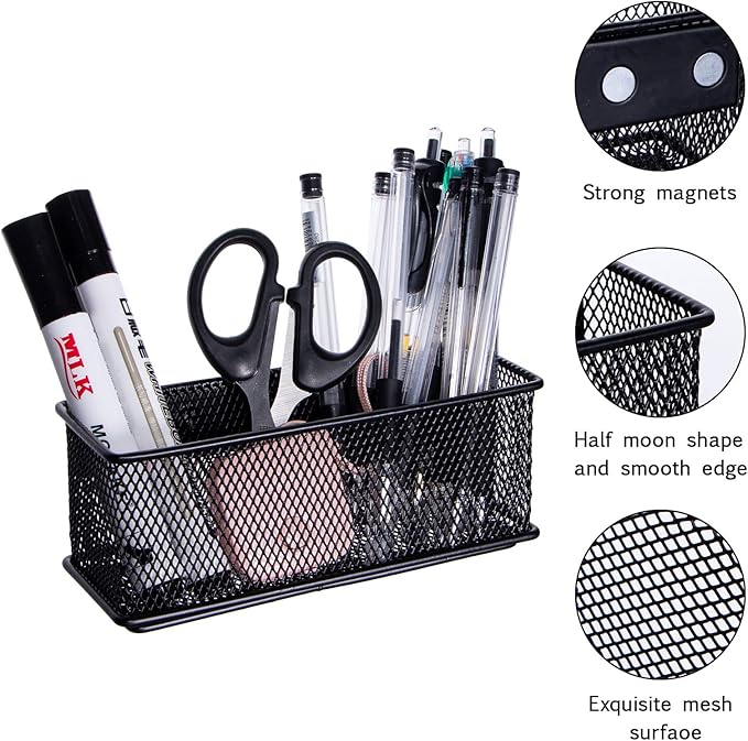 dedoot Magnetic Pencil Holder, Black Mesh Pen Organizer Strong Magnetic Storage Basket Organizes Pens, Pencils, Markers for Whiteboard, Locker, Fridge, Cubicle Desk, Offices 6.3x2.3x2.6inch-Ruum Studio Home