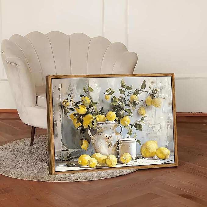 Framed Lemon Kitchen Wall Decor for Dining Room - Vintage Mustard French's Yellow Lemon Kitchen Wall Art, Rustic Oil Paintings Posters Prints for Bathroom Living Room Bedroom 16x24 inch-Ruum Studio Home