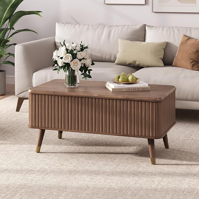 Lift Top Coffee Table with Storage,Mid Century Modern Coffee Table,Fluted Wood Rectangle Center Table for Living Room,Home Office,Walnut-Ruum Studio Home